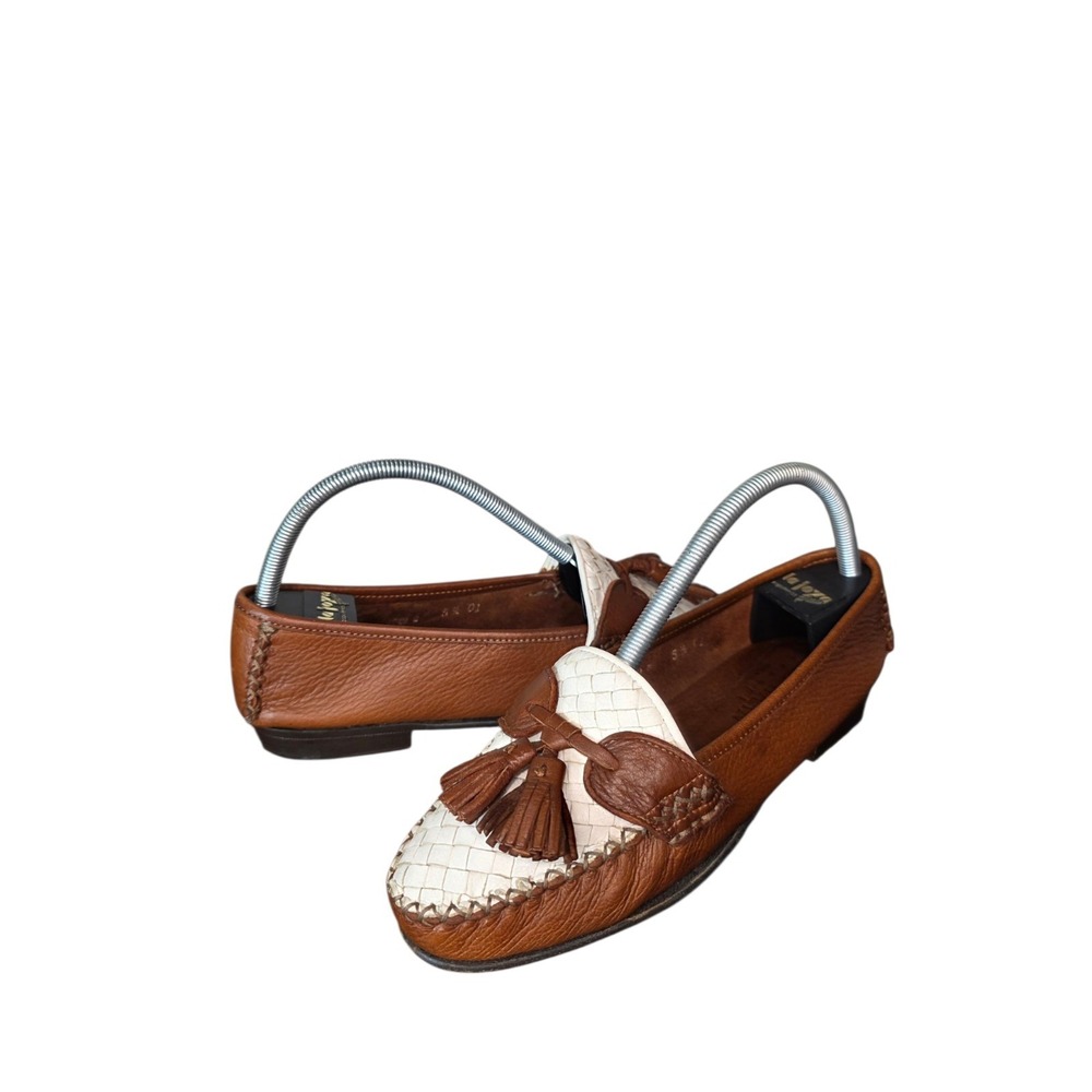 Cole Haan Womens 5.5 Handsewn Woven Leather Tassel Loafers Brown Ivory